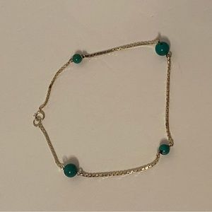 BRACELET ANKLE ANKLET STERLING SILVER 925 BOX CHAIN 4 TURQUOISE BLUE BEADS 11”